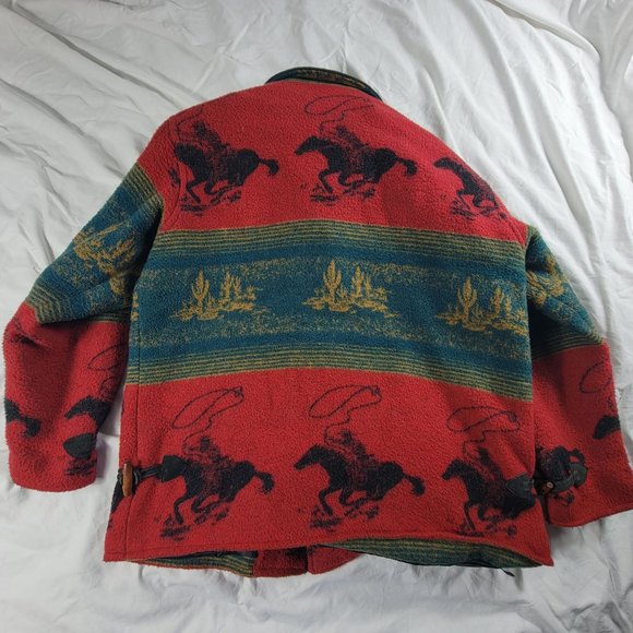 Vintag Kathryn Deene Womens 14/16 Red Wool Toggle Button Jacket Cowboys Horses - Picture 2 of 10
